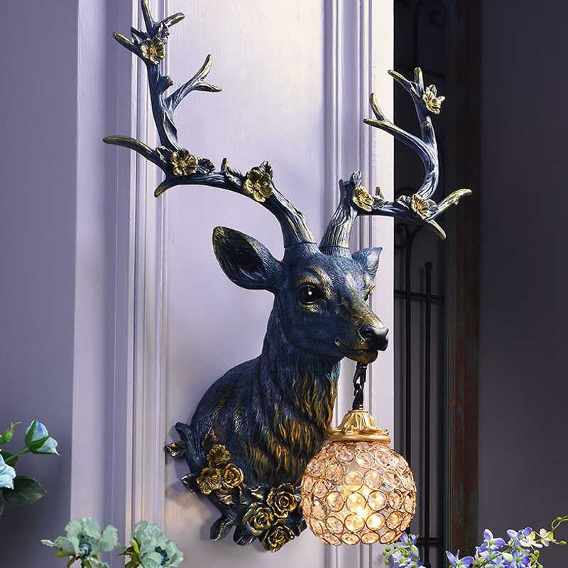 interoknack Vintage Lucky Deer Wall Lamp, Retro Blue Resin Stag Head Wall Sconce Item image 3