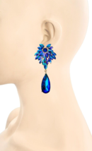 3&quot; Long Evening Party Statement Earrings Iridescent Peacock Royal Blue Crystals - £13.75 GBP