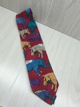 Paulo Zini 100% Silk Necktie Tie Italy dark red multi colored pigs novelty - £15.65 GBP