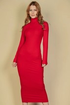 Women&#39;s Red Ribbed Mock Neck Long Sleeve Bodycon Midi Dress (S) - £20.94 GBP