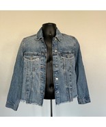 H&amp;M Denim Blue Jean Jacket Divided Womens Size XS Distressed Bottom Edge - £18.92 GBP