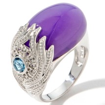 Purple Jade and Blue Topaz Sterling Silver Peacock Feather Design Ring Size 7 - £39.97 GBP