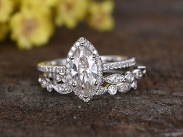 3CT Marquise Schliff Labor Erstellt Diamant Hochzeit Trio Ring Set 14K Weiß Gold - £100.65 GBP