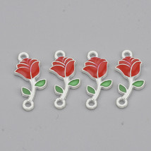 4 Rose Charms Connector Pendants Silver Enamel Red Flower Link Jewelry 21mm - $3.59