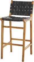 Deco 79 Teak Wood Woven Leather Seat and Back Bar Stool with Beam Footre... - $685.99