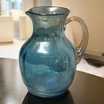 Vintage Hand Blown Blue Glass Pitcher Applied Gold Reeded Handle Pontil ... - $22.00