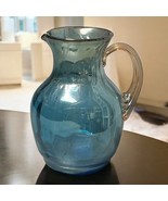 Vintage Hand Blown Blue Glass Pitcher Applied Gold Reeded Handle Pontil ... - $30.17 CAD