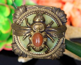 Patrice Bee Insect Brooch Pin Antiqued Brass Green Orange Gemstones - £74.30 GBP