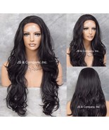 Beautiful Long Human Hair Blend Lace Front wig wavy Layered Black Heat S... - £96.68 GBP