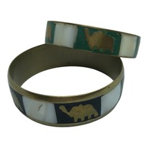 Vtg Bracelets Lucky Elephants Inlaid Shell Boho Bangle Stack lot of 2 brass 70s - £23.73 GBP