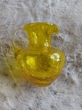 Vintage Crackled Art Glass Amber Yellow Creamer Pitcher 3.5&quot; By 3.5&quot; - £22.41 GBP
