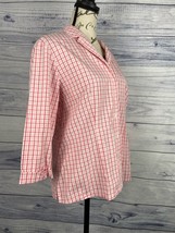 Talbots Button Front Cotton Shirt Women 8 Pink Check 3/4 Sleeves Collar V Neck - £8.08 GBP
