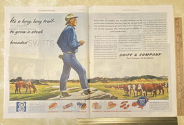Vintage Print Ad Swift Meats Steak Cowboy Cows Beef Cattle Ranch 1940s E... - $9.79