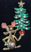 Vintage Christmas Mouse Brooch Rhinestone Tree Enamel Holiday Pin Gold Tone - $23.75