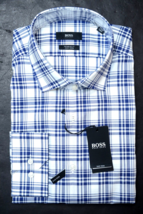 HUGO BOSS Uomo Gordon Facile Ferro Regular Fit Blu Plaid Cotone Camicia ... - £50.42 GBP