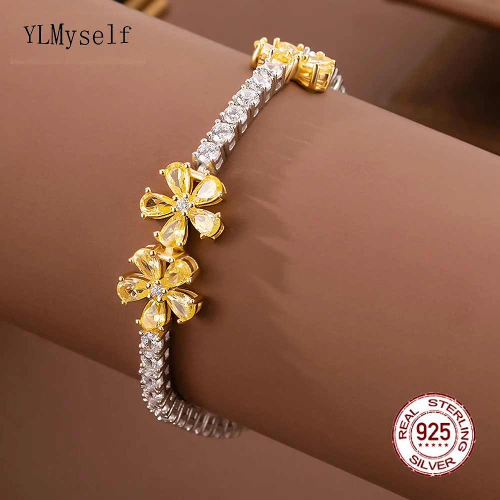 Solid Silver 15-18CM Tennis Bracelet 2 Tone White/Yellow Flower Jewelry Gift Pav - £76.06 GBP