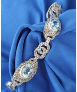 DESIGNER SIGNED 925 Sterling Silver BLUE TOPAZ Pave Marcasite Bracelet C... - $372.27 CAD