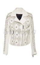 New Women Nour Hammour White Full Silver Metallic Unique Design Leather Jacket - £261.31 GBP