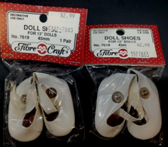 (2) Fibre Craft Doll Shoes for 13" dolls, 45mm No. 7619, White Vinyl Silver Snap - $14.84