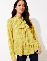 New Ann Taylor LOFT Long Sleeve Neck Tie Yellow Floral Peplum Blouse MP Petite - £26.33 GBP