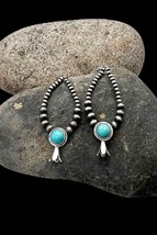 Navajo Pearl Style Silver Tone Faux Turquoise Squash Blossom Dangle Earrings - £11.95 GBP