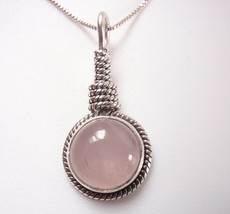 Round Rose Quartz 925 Sterling Silver Pendant Enhanced with Rope Style Accents - £10.06 GBP