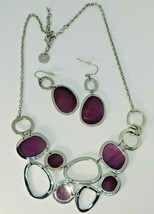 ga Signed Abstract Polished Silver Tone &amp; Purple Shell Bib Necklace Earring Set  - £22.86 GBP