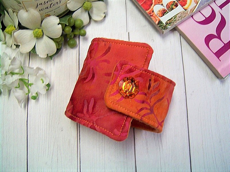 Handmade "SUNSET" Wrap Cuff Bracelet - Batik Fabric, Orange/Coral, Boho, Hippie - £6.79 GBP