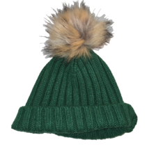 J. Crew Green Rib Knit Winter Cuff Hat Big Faux Fur pom pom - $13.08