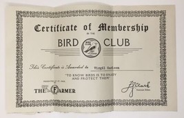 Certificate of Membership in the Bird Club by The Farmer St. Paul Minnesota - £9.28 GBP