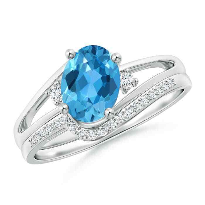 ANGARA Oval Swiss Blue Topaz and Diamond Wedding Band Ring Set in 14K Solid Gold - £1,216.15 GBP