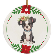 Cute Boston Terrier Puppy Dog Head Flower Wreath Christmas Ornament Gift Decor - £11.89 GBP