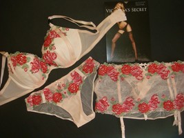 Victoria&#39;s secret 32B,34B,34D,34DD BRA SET+garter+panty Embroidered Roses Pink - £255.19 GBP
