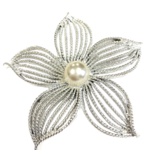 Vintage Sarah Coventry Moon Flower Brooch Silver Tone Faux Pearl 3 inch Marked - £14.27 GBP