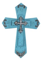 Rustic Western Turquoise Silver Scrollwork Faux Wood Layered Wall Cross Crucifix - $29.99