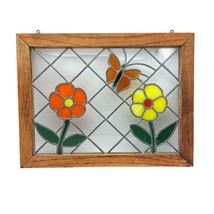 Antique Framed Stained Glass Window, Clear Textured Leaded with Orange Flowers - £301.62 GBP