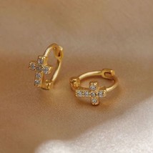 0.06 CT Round Real Diamond Mini Cross Huggie Hoop Earrings Yellow Gold Plated - £90.81 GBP