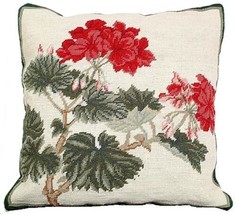 Throw Pillow Needlepoint Geranium Flower 18x18 Beige Off-White Cotton Velvet - £230.16 GBP