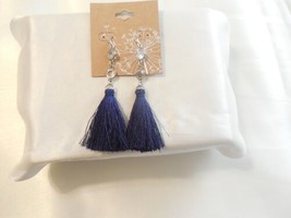 Department Store 3-1/4&quot;Silver Tone Clear Stone Blue Tassel Earrings F481 - £8.99 GBP