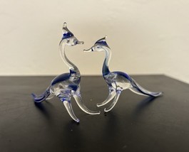 Murano Style Hand Blown Art Glass Blue &amp; Clear Glass Peacock Figurines 2... - $28.52 CAD