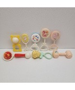 Lot of 8 Vintage Hard Plastic Baby Rattles - Bear, Bunny, Yellow Rose, M... - $29.60