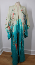 Vtg Japanese Blue Floral Long 100% Silk Kimono 54&quot; Made in Japan - £223.49 GBP