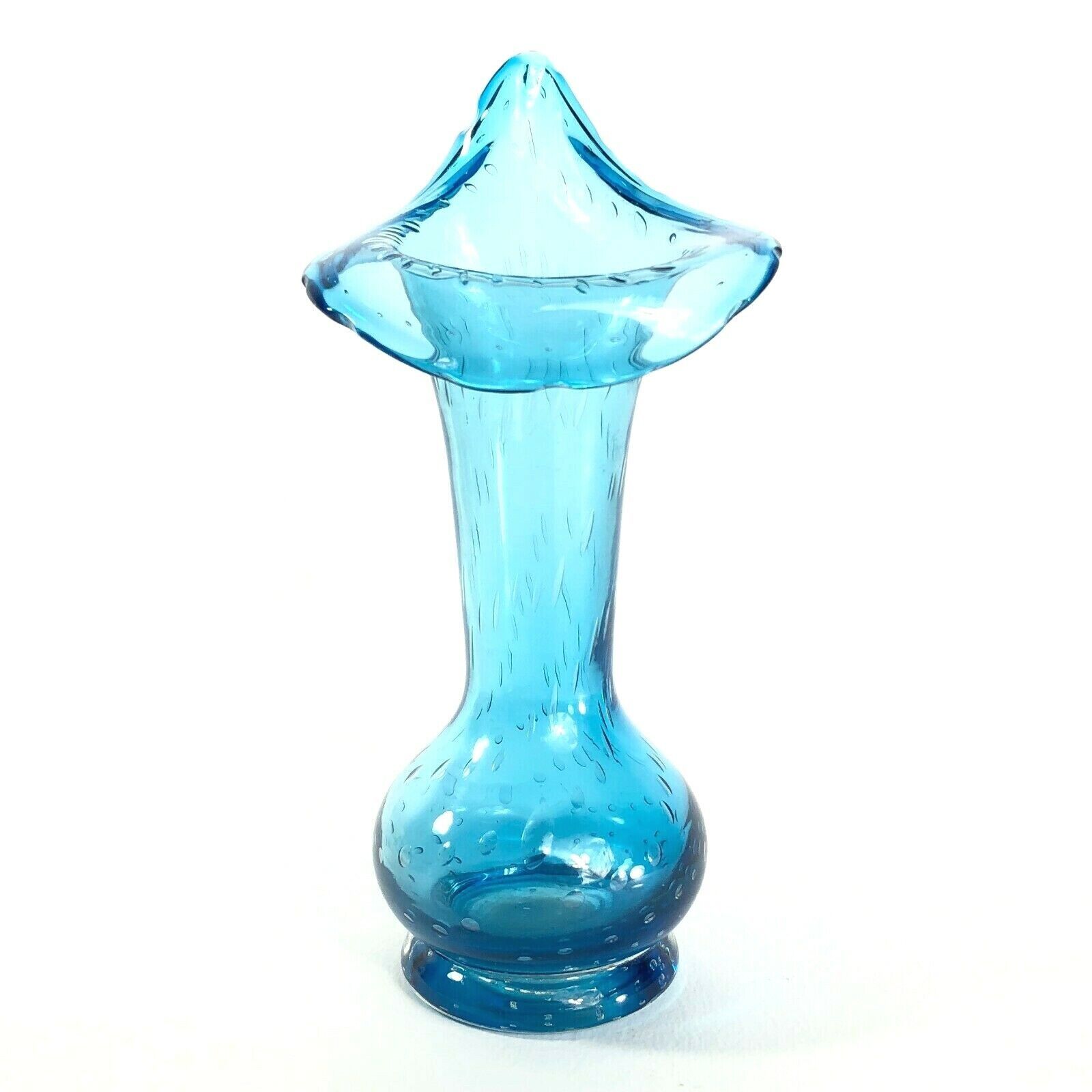 Primary image for Vintage Kreiss Art Glass Jack in the Pulpit Vase Blown Turquoise Blue 7.75" 