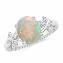 Solitaire Oval Opal Criss Cross Ring with Diamonds in 14K White Gold Size 8.5 - £906.81 GBP
