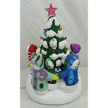 Lighted Ceramic Christmas Tree with Snowmen Rustic Hand Painted 11&quot; - £41.06 GBP