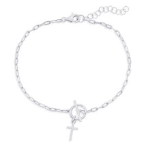 Sterling Silver Cross Charm Paperclip Toggle Bracelet - £30.37 GBP