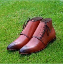 Men&#39;s Maroon Chukka Burnished Medallion Toe Genuine Leather Ankle Boots US 7-16 - £125.30 GBP