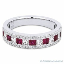 1.24 ct Princess Cut Ruby &amp; Diamond 18k White Gold Anniversary Ring Wedding Band - £2,612.28 GBP