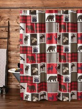 Wildlife Lodge Life 72&quot; Shower Curtain Hooks Black Bear Moose Red Buffalo Check - £23.47 GBP