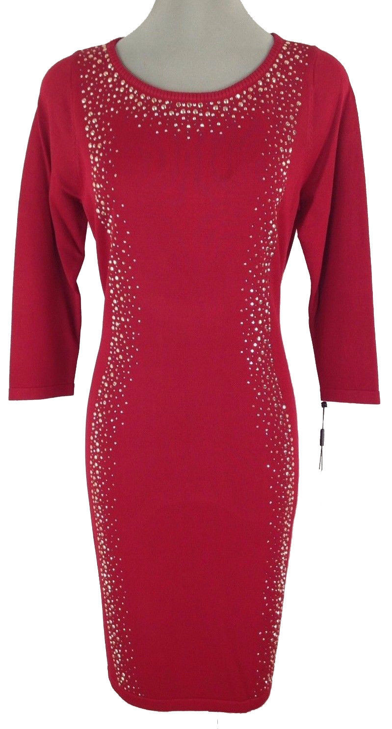 Calvin Klein Long Sleeve Embellished Sweater Dress Red Knit Small - $59.40